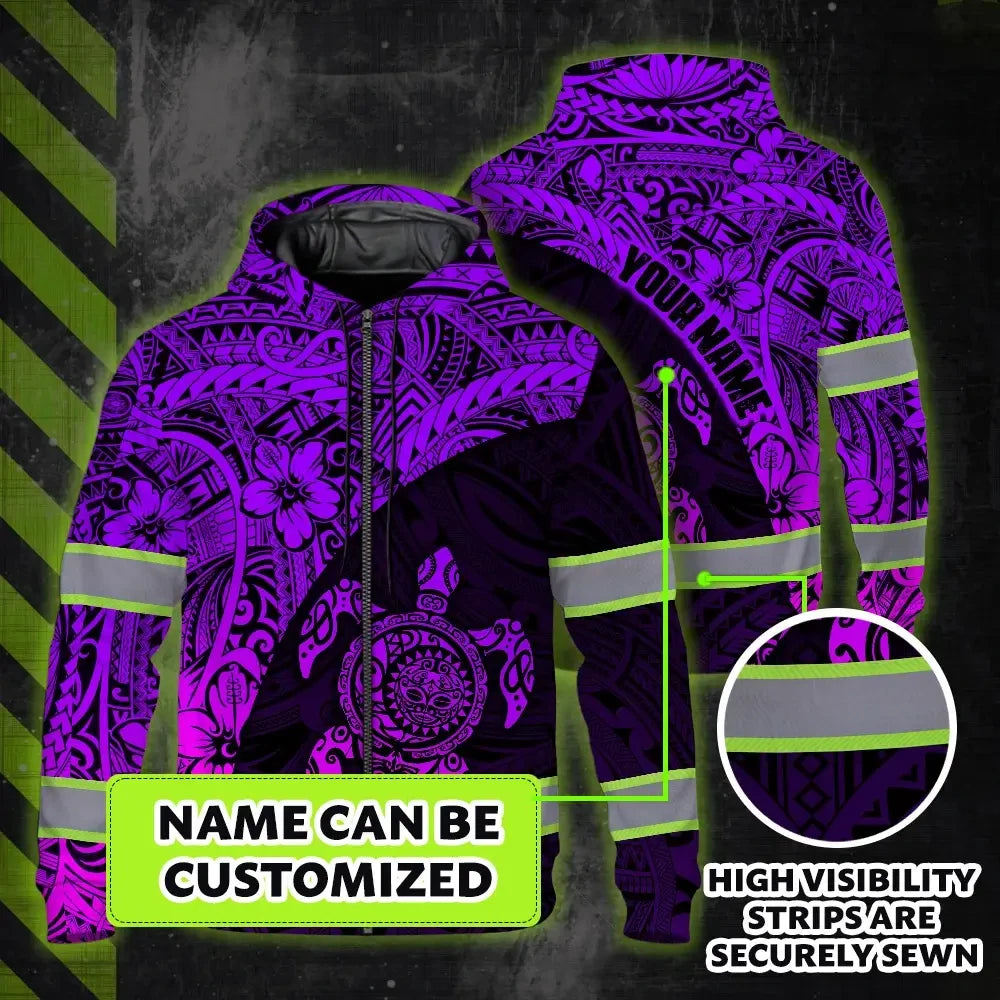Hi Vis Zip Hoodie Reflective Tapes Violet Neon Turtle Hawaiian Polynesian Custom Name