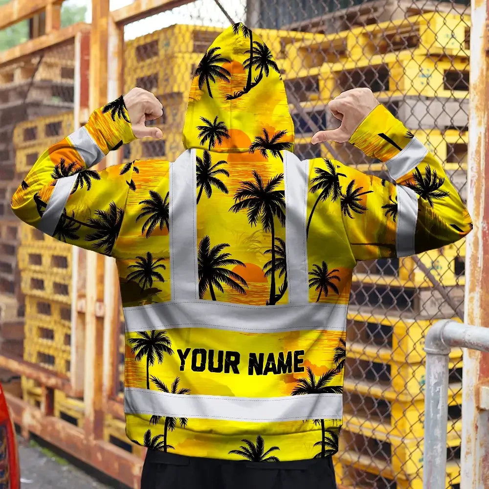 Hi Vis Zip Hoodie Reflective Tapes Yellow Neon Flowers Custom Name Safety Workwear For Workers, Truckers, Operators