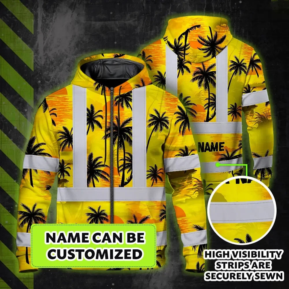 Hi Vis Zip Hoodie Reflective Tapes Yellow Neon Flowers Custom Name Safety Workwear For Workers, Truckers, Operators