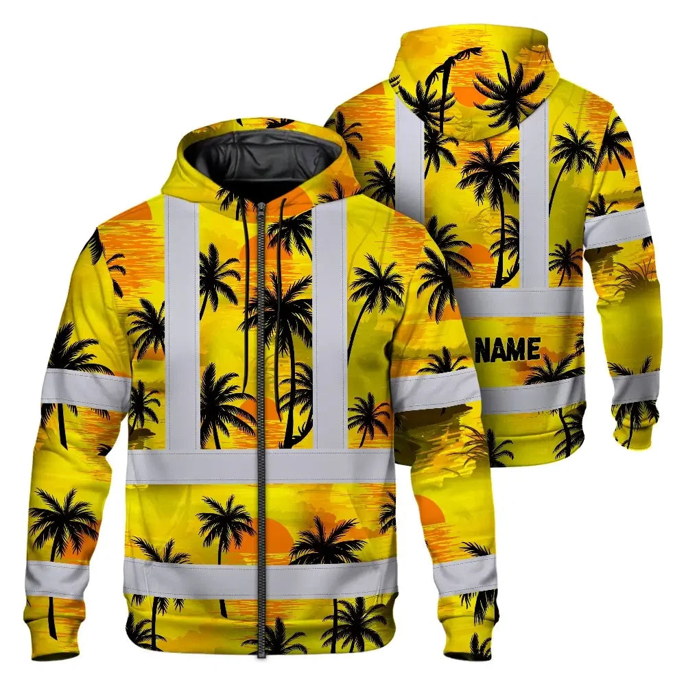 Hi Vis Zip Hoodie Reflective Tapes Yellow Neon Flowers Custom Name Safety Workwear For Workers, Truckers, Operators