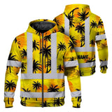 Hi Vis Zip Hoodie Reflective Tapes Yellow Neon Flowers Custom Name Safety Workwear For Workers, Truckers, Operators