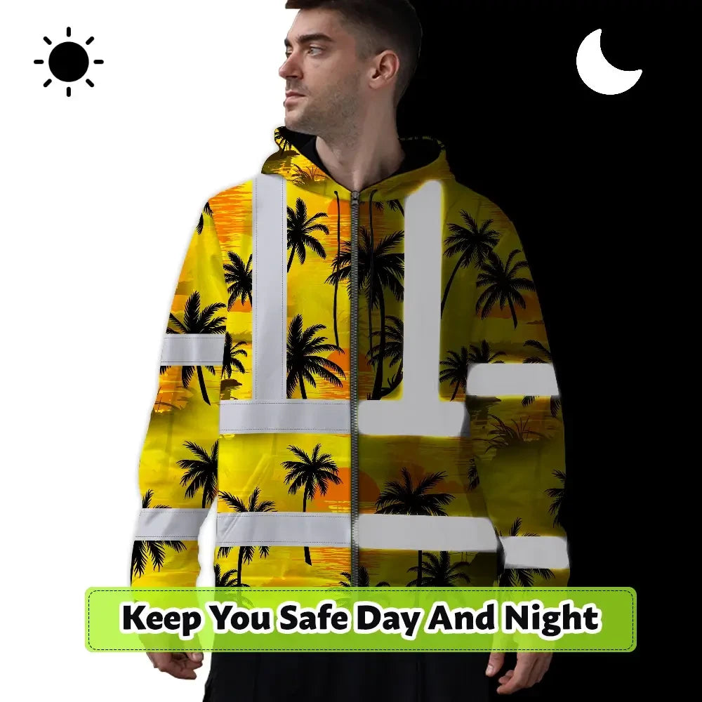 Hi Vis Zip Hoodie Reflective Tapes Yellow Neon Flowers Custom Name Safety Workwear For Workers, Truckers, Operators