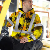 Hi Vis Zip Hoodie Reflective Tapes Yellow Neon Flowers Custom Name Safety Workwear For Workers, Truckers, Operators