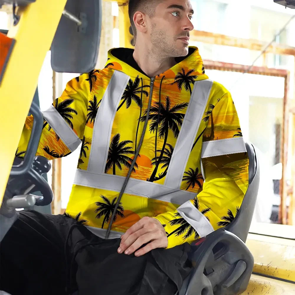 Hi Vis Zip Hoodie Reflective Tapes Yellow Neon Flowers Custom Name Safety Workwear For Workers, Truckers, Operators