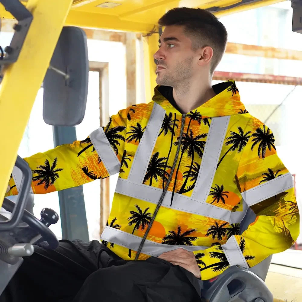 Hi Vis Zip Hoodie Reflective Tapes Yellow Neon Flowers Custom Name Safety Workwear For Workers, Truckers, Operators