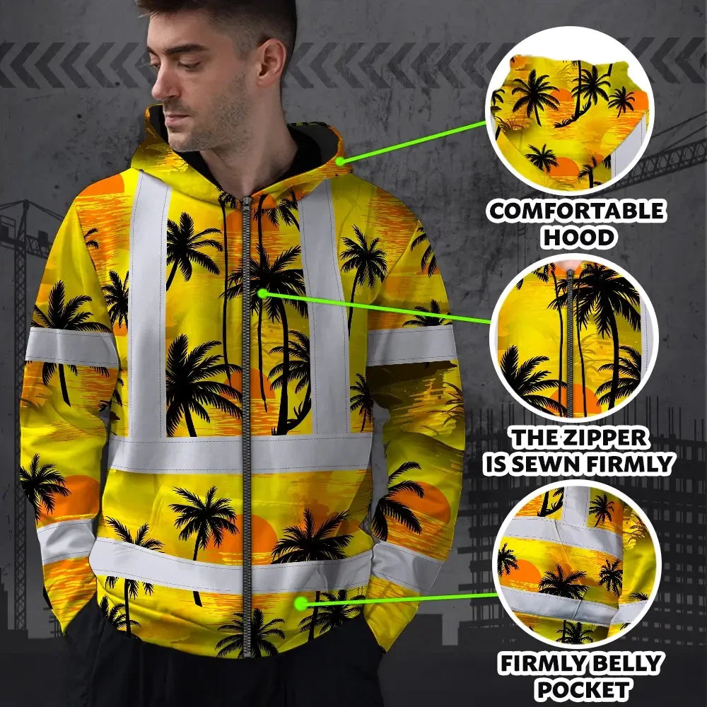 Hi Vis Zip Hoodie Reflective Tapes Yellow Neon Flowers Custom Name Safety Workwear For Workers, Truckers, Operators