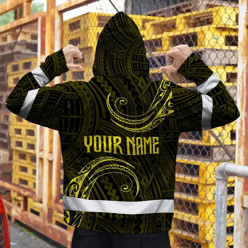 Hi Vis Zip Hoodie Reflective Tapes Yellow Neon Hawaii Custom Name Safety Workwear For Workers, Truckers, Operators
