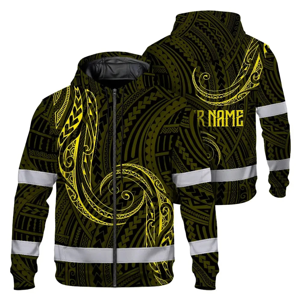 Hi Vis Zip Hoodie Reflective Tapes Yellow Neon Hawaii Custom Name Safety Workwear For Workers, Truckers, Operators