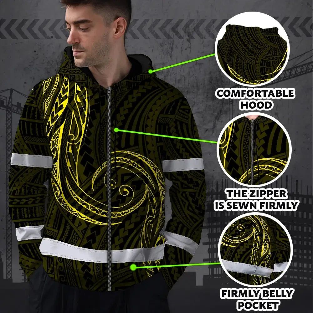 Hi Vis Zip Hoodie Reflective Tapes Yellow Neon Hawaii Custom Name Safety Workwear For Workers, Truckers, Operators