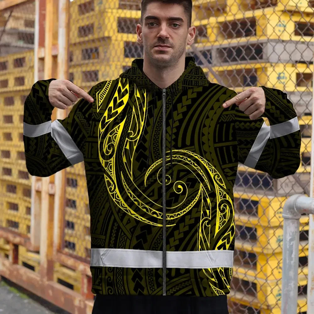 Hi Vis Zip Hoodie Reflective Tapes Yellow Neon Hawaii Custom Name Safety Workwear For Workers, Truckers, Operators
