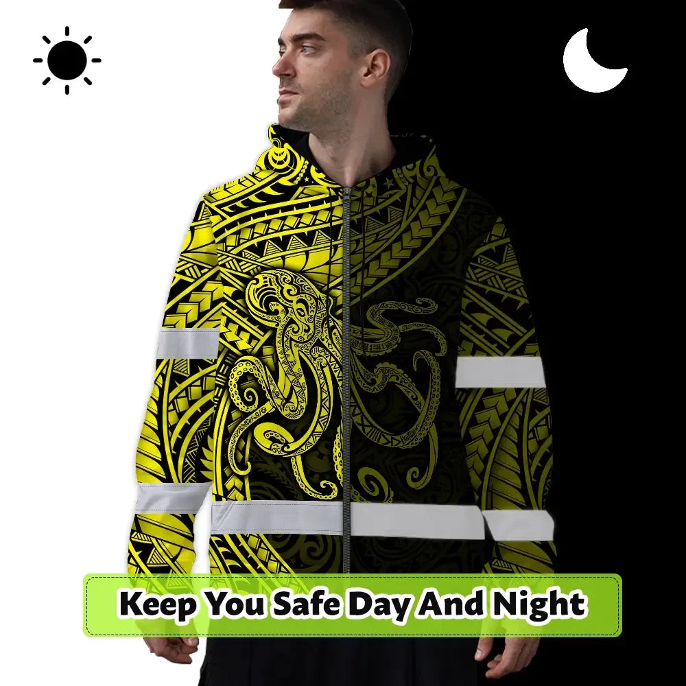 Hi Vis Zip Hoodie Reflective Tapes Yellow Neon Hawaii Octopus Custom Name Safety Workwear For Workers, Truckers, Operators