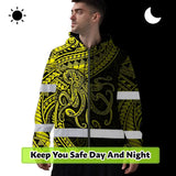 Hi Vis Zip Hoodie Reflective Tapes Yellow Neon Hawaii Octopus Custom Name Safety Workwear For Workers, Truckers, Operators