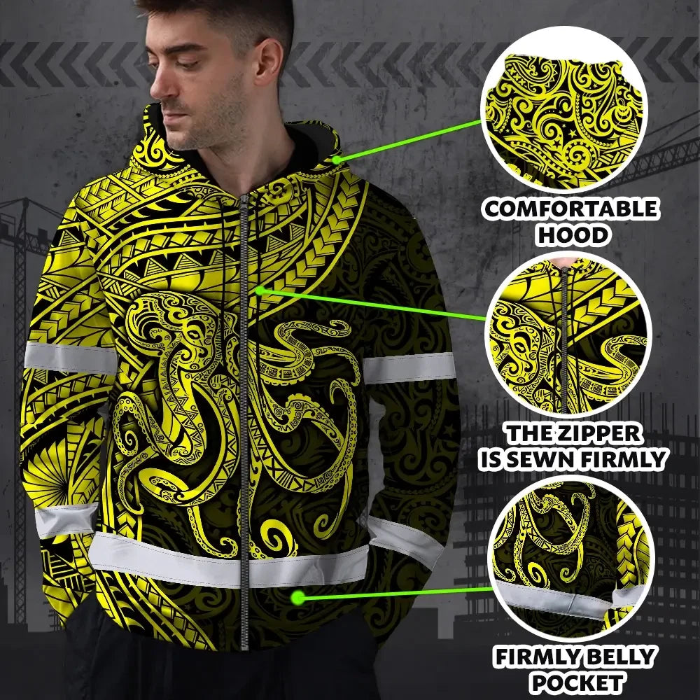 Hi Vis Zip Hoodie Reflective Tapes Yellow Neon Hawaii Octopus Custom Name Safety Workwear For Workers, Truckers, Operators