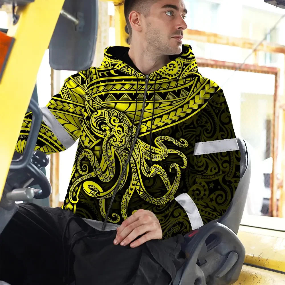 Hi Vis Zip Hoodie Reflective Tapes Yellow Neon Hawaii Octopus Custom Name Safety Workwear For Workers, Truckers, Operators