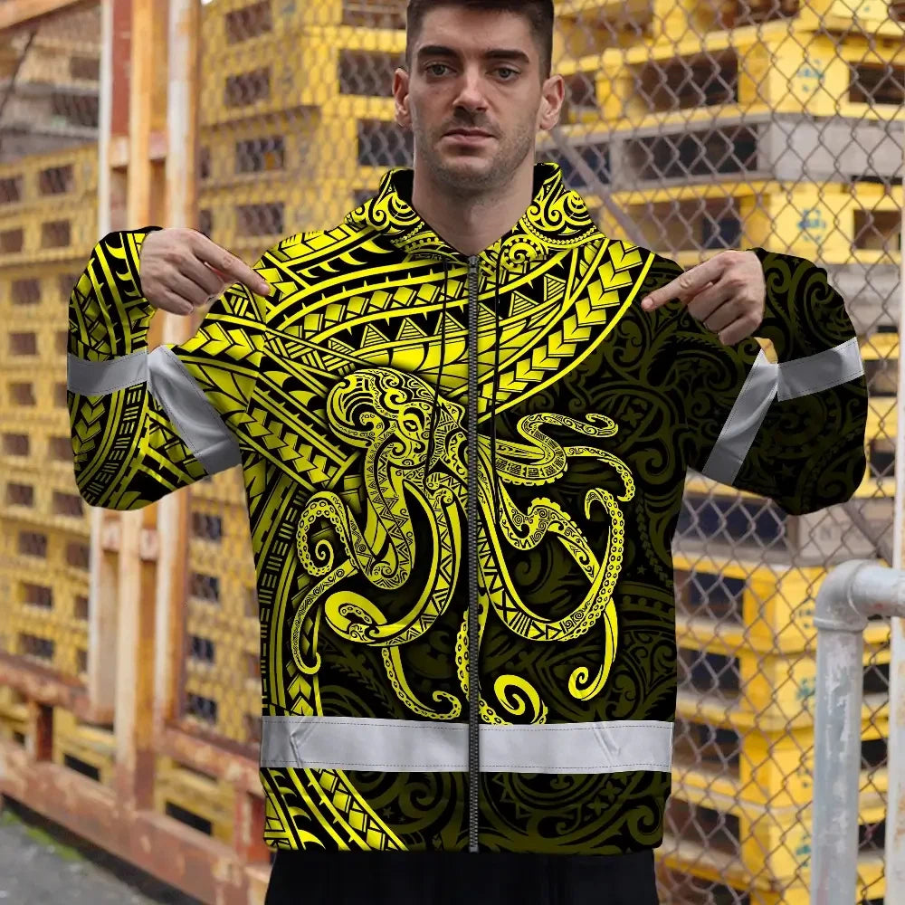 Hi Vis Zip Hoodie Reflective Tapes Yellow Neon Hawaii Octopus Custom Name Safety Workwear For Workers, Truckers, Operators