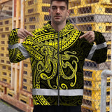 Hi Vis Zip Hoodie Reflective Tapes Yellow Neon Hawaii Octopus Custom Name Safety Workwear For Workers, Truckers, Operators