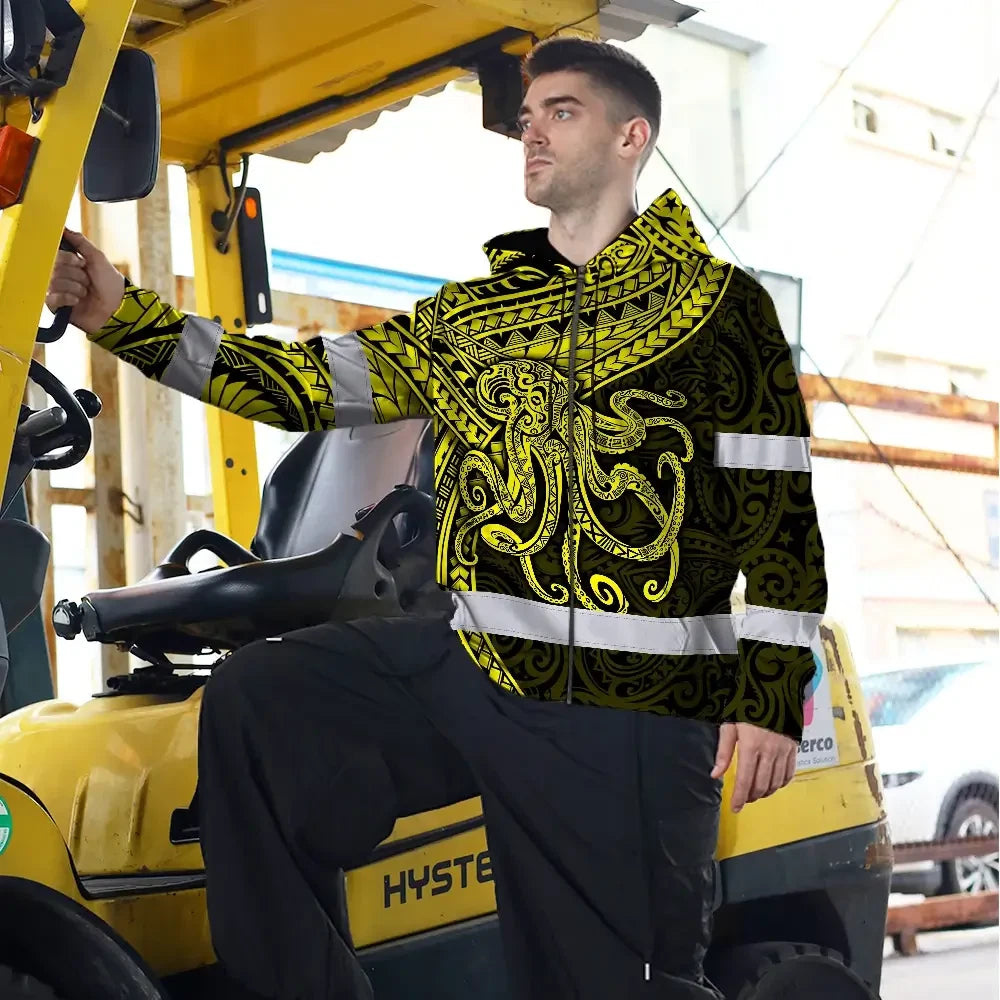 Hi Vis Zip Hoodie Reflective Tapes Yellow Neon Hawaii Octopus Custom Name Safety Workwear For Workers, Truckers, Operators