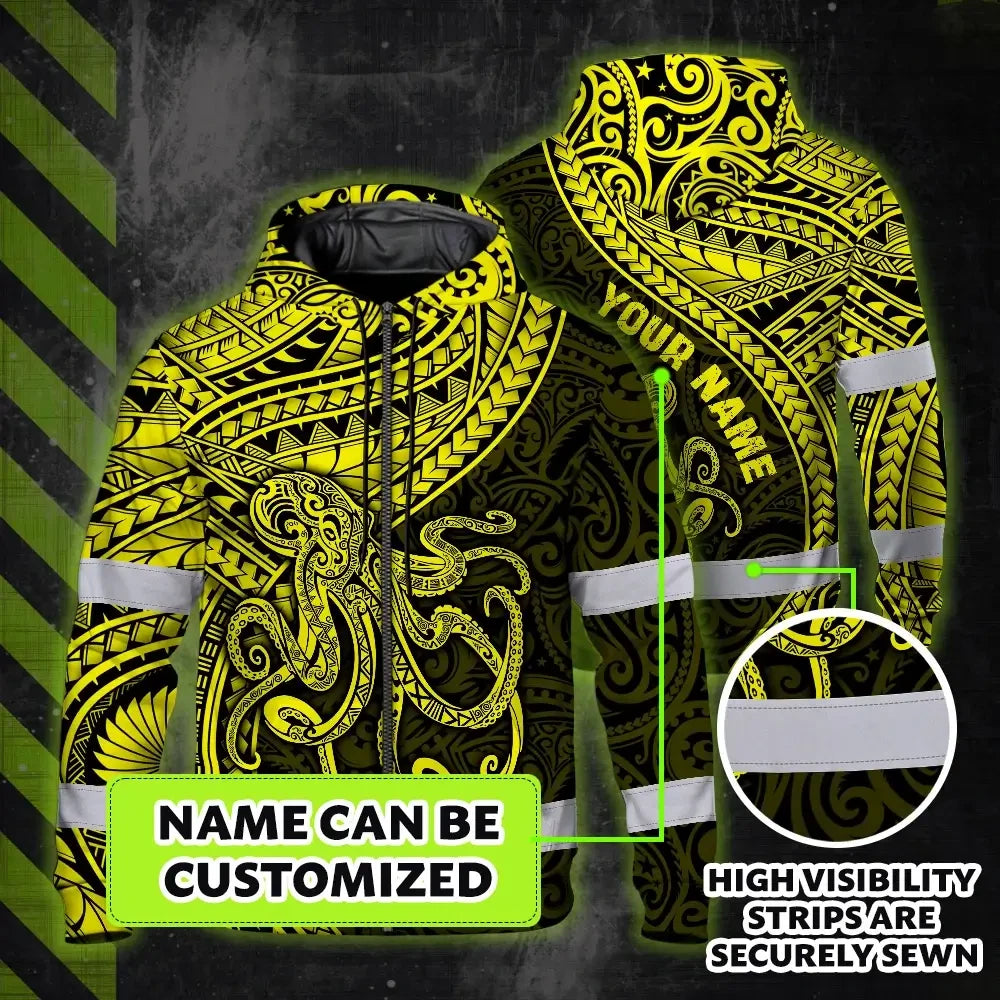 Hi Vis Zip Hoodie Reflective Tapes Yellow Neon Hawaii Octopus Custom Name Safety Workwear For Workers, Truckers, Operators
