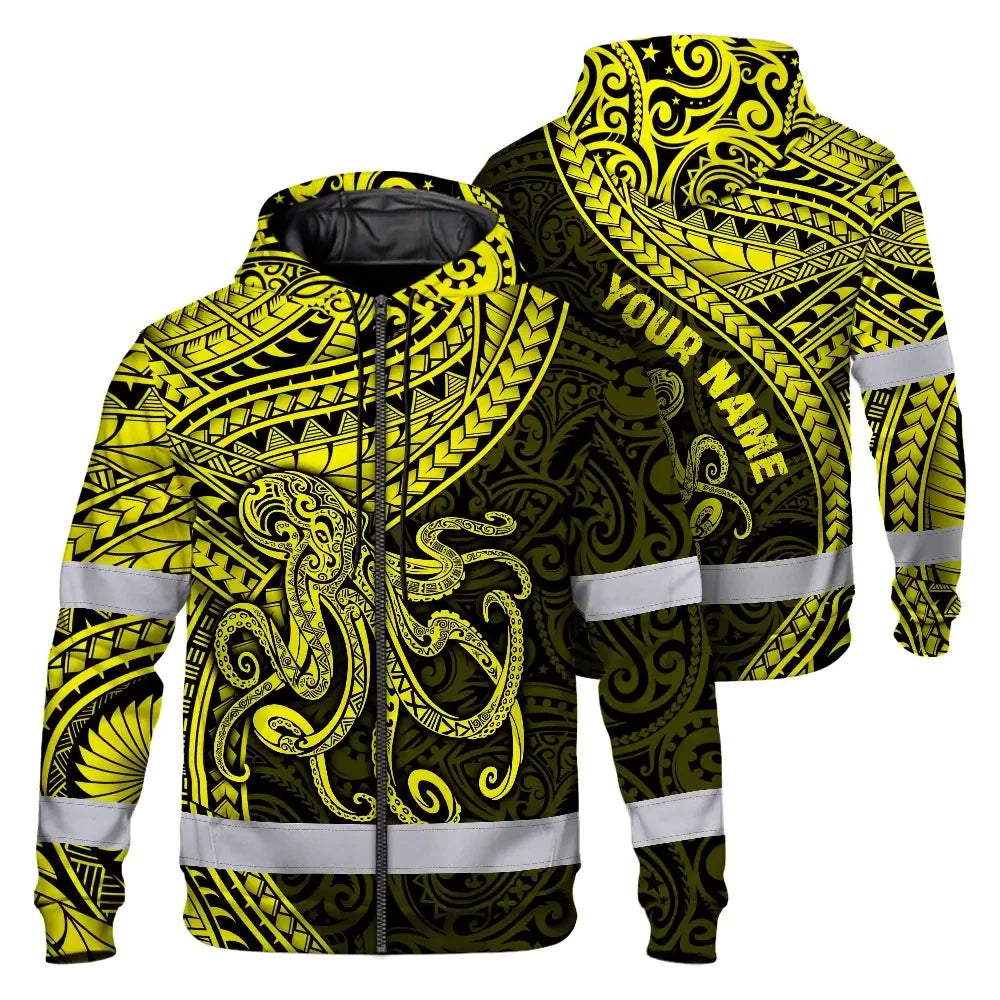 Hi Vis Zip Hoodie Reflective Tapes Yellow Neon Hawaii Octopus Custom Name Safety Workwear For Workers, Truckers, Operators