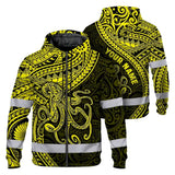 Hi Vis Zip Hoodie Reflective Tapes Yellow Neon Hawaii Octopus Custom Name Safety Workwear For Workers, Truckers, Operators