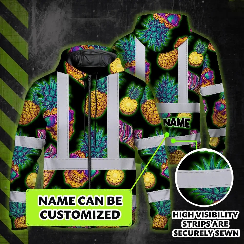 Hi Vis Zip Hoodie Reflective Tapes Yellow Neon Skull Custom Name Safety Workwear For Workers, Truckers, Operators