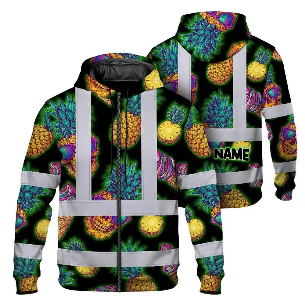 Hi Vis Zip Hoodie Reflective Tapes Yellow Neon Skull Custom Name Safety Workwear For Workers, Truckers, Operators