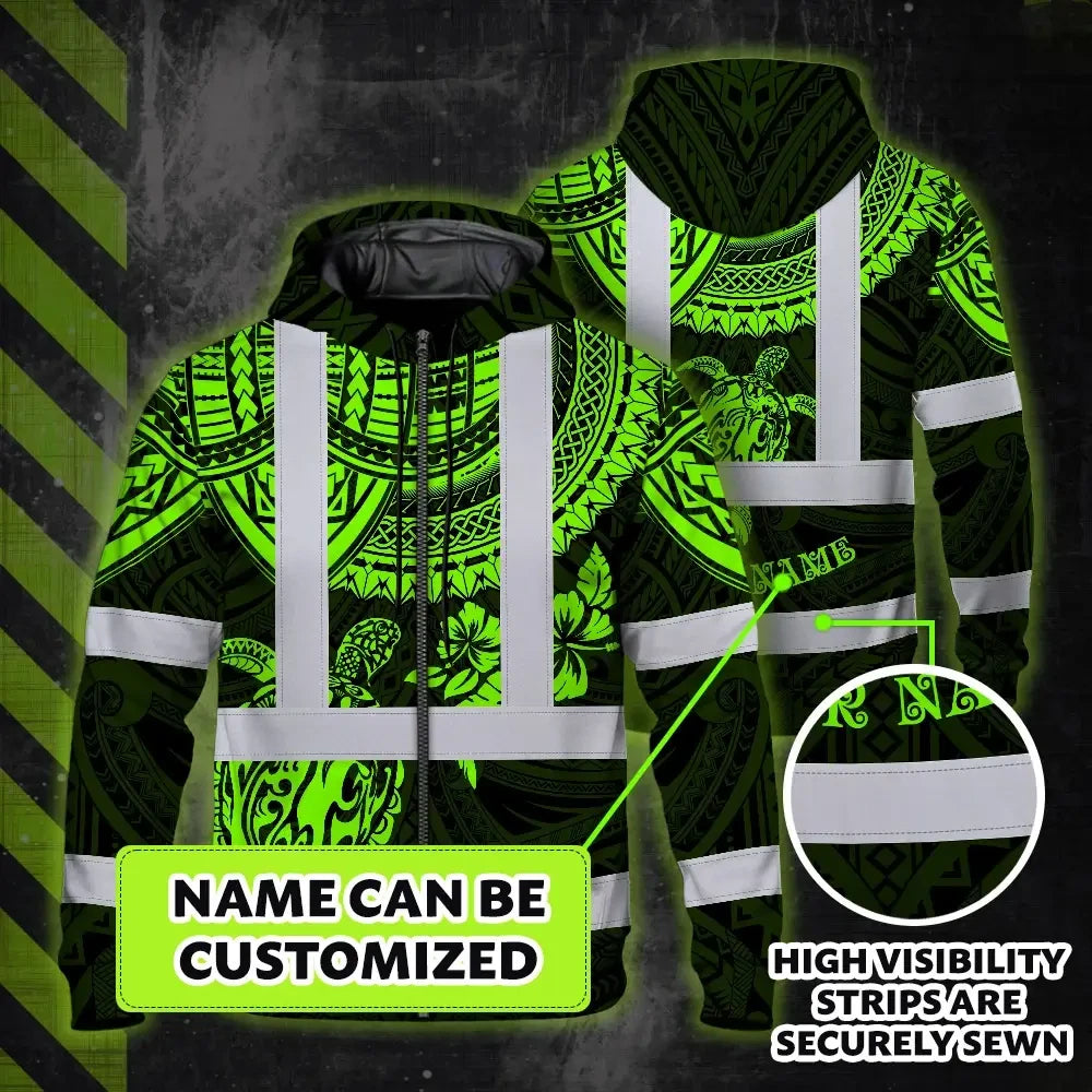 Hi Vis Zip Hoodie Shirt Reflective Tapes Green Turtle Flower Hawaiian Polynesian Tribal Custom Name Safety Workwear For Workers, Truckers, Operators