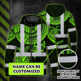 Hi Vis Zip Hoodie Shirt Reflective Tapes Green Turtle Flower Hawaiian Polynesian Tribal Custom Name Safety Workwear For Workers, Truckers, Operators
