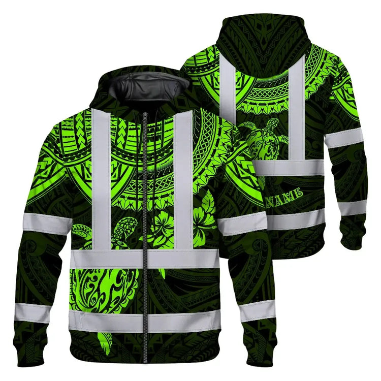 Hi Vis Zip Hoodie Shirt Reflective Tapes Green Turtle Flower Hi-Vis Zip Hoodie