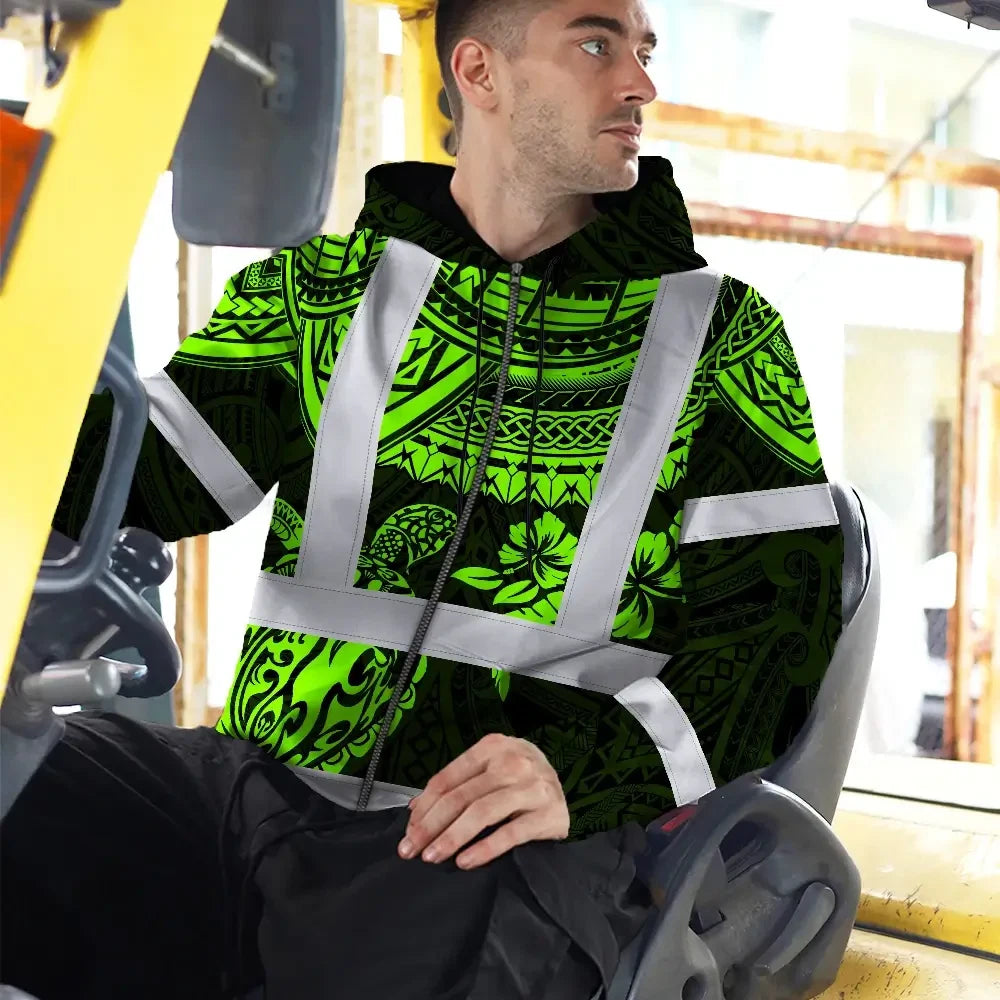 Hi Vis Zip Hoodie Shirt Reflective Tapes Green Turtle Flower Hawaiian Polynesian Tribal Custom Name Safety Workwear For Workers, Truckers, Operators