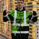 Hi Vis Zip Hoodie Shirt Reflective Tapes Green Turtle Flower Hawaiian Polynesian Tribal Custom Name Safety Workwear For Workers, Truckers, Operators