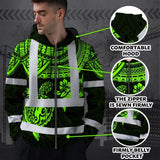 Hi Vis Zip Hoodie Shirt Reflective Tapes Green Turtle Flower Hawaiian Polynesian Tribal Custom Name Safety Workwear For Workers, Truckers, Operators