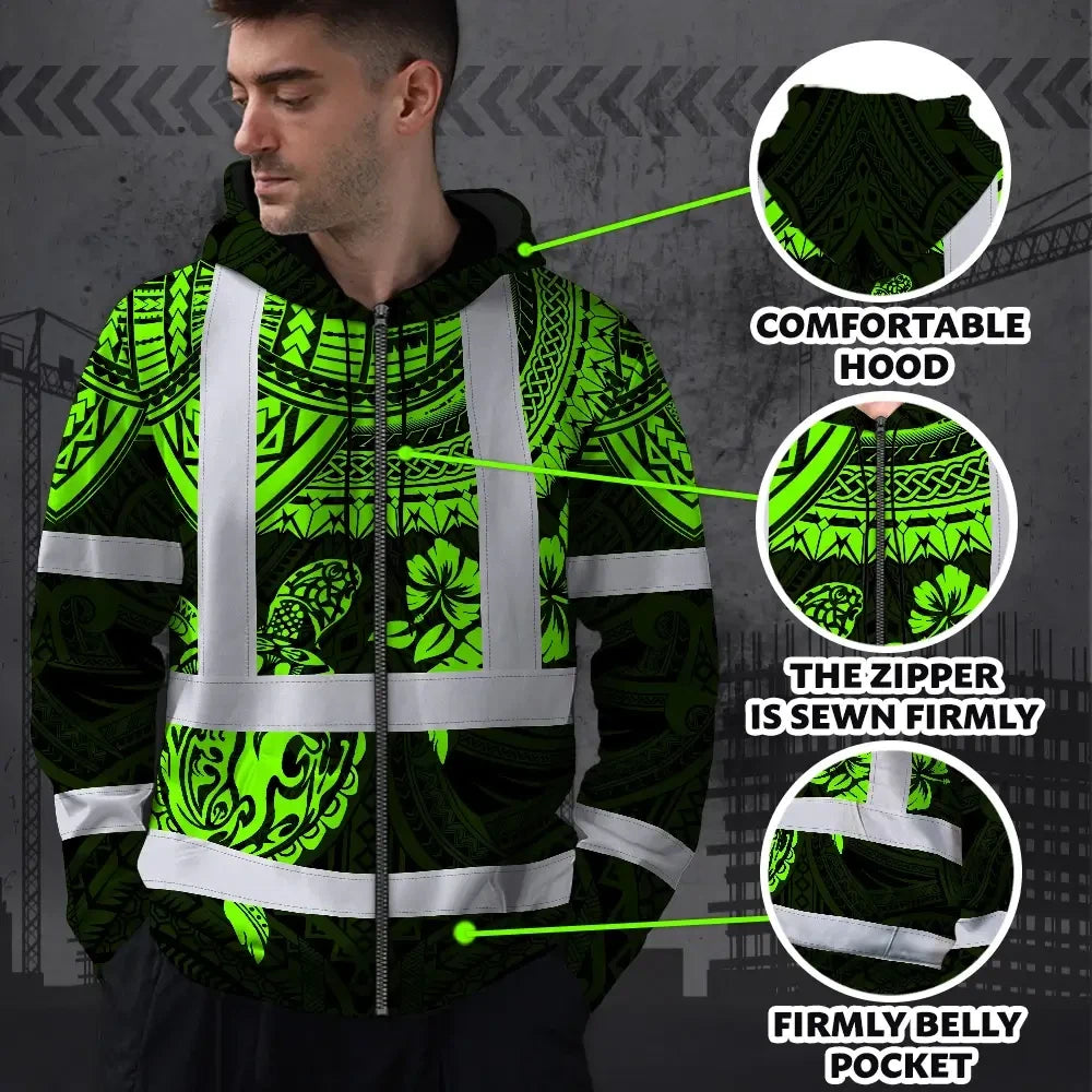 Hi Vis Zip Hoodie Shirt Reflective Tapes Green Turtle Flower Hawaiian Polynesian Tribal Custom Name Safety Workwear For Workers, Truckers, Operators