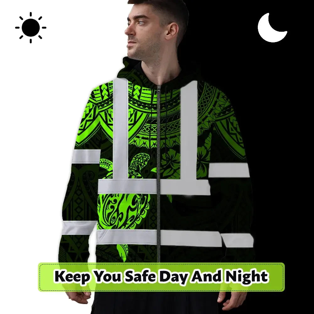 Hi Vis Zip Hoodie Shirt Reflective Tapes Green Turtle Flower Hawaiian Polynesian Tribal Custom Name Safety Workwear For Workers, Truckers, Operators