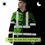 Hi Vis Zip Hoodie Shirt Reflective Tapes Green Turtle Flower Hawaiian Polynesian Tribal Custom Name Safety Workwear For Workers, Truckers, Operators