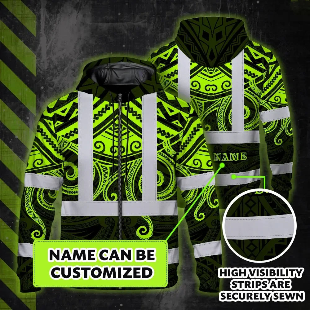 Hi Vis Zip Hoodie Shirt Reflective Tapes  Octopus Hawaiian Polynesian Tribal Custom Name Safety Workwear For Workers, Truckers, Operators