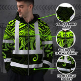 Hi Vis Zip Hoodie Shirt Reflective Tapes  Octopus Hawaiian Polynesian Tribal Custom Name Safety Workwear For Workers, Truckers, Operators