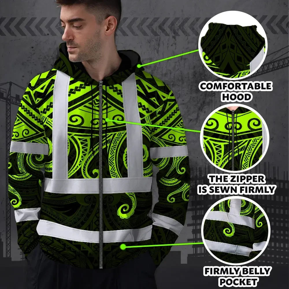 Hi Vis Zip Hoodie Shirt Reflective Tapes  Octopus Hawaiian Polynesian Tribal Custom Name Safety Workwear For Workers, Truckers, Operators