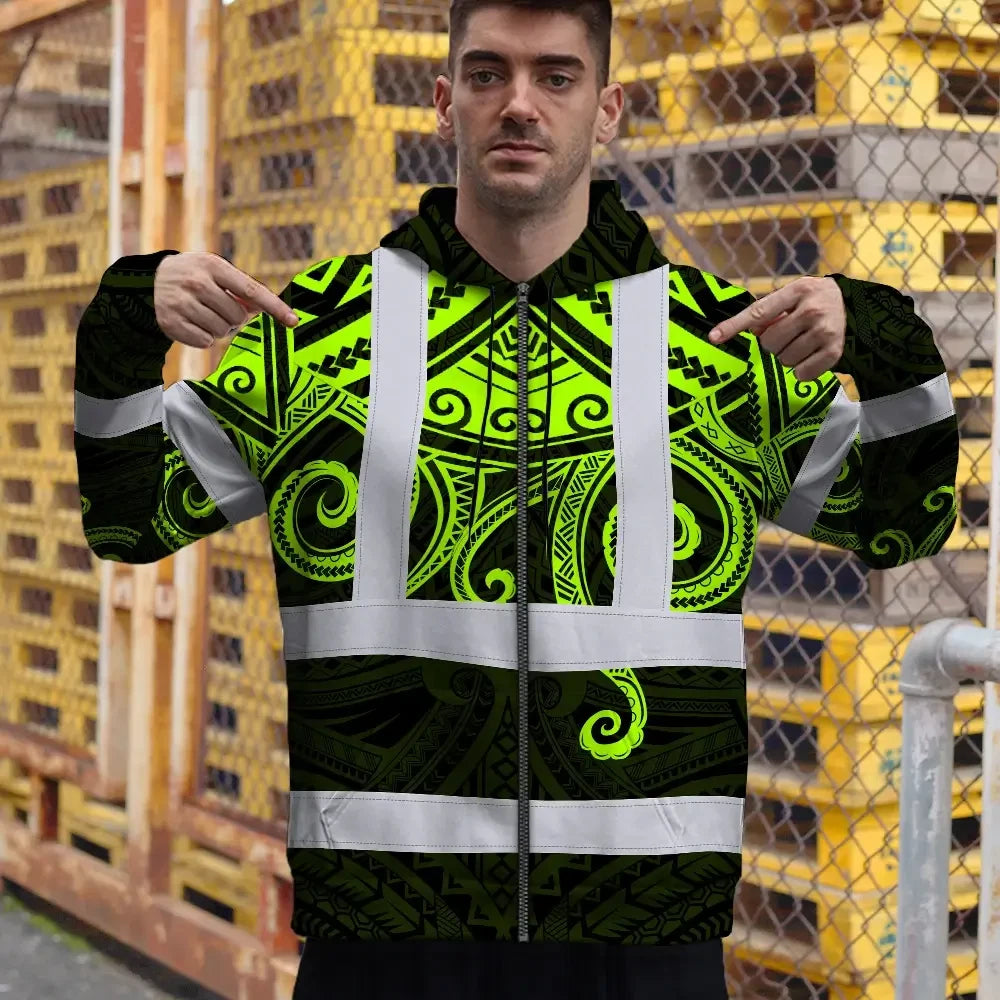 Hi Vis Zip Hoodie Shirt Reflective Tapes  Octopus Hawaiian Polynesian Tribal Custom Name Safety Workwear For Workers, Truckers, Operators