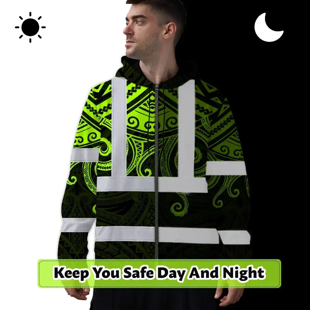 Hi Vis Zip Hoodie Shirt Reflective Tapes  Octopus Hawaiian Polynesian Tribal Custom Name Safety Workwear For Workers, Truckers, Operators