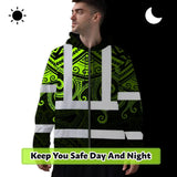 Hi Vis Zip Hoodie Shirt Reflective Tapes  Octopus Hawaiian Polynesian Tribal Custom Name Safety Workwear For Workers, Truckers, Operators
