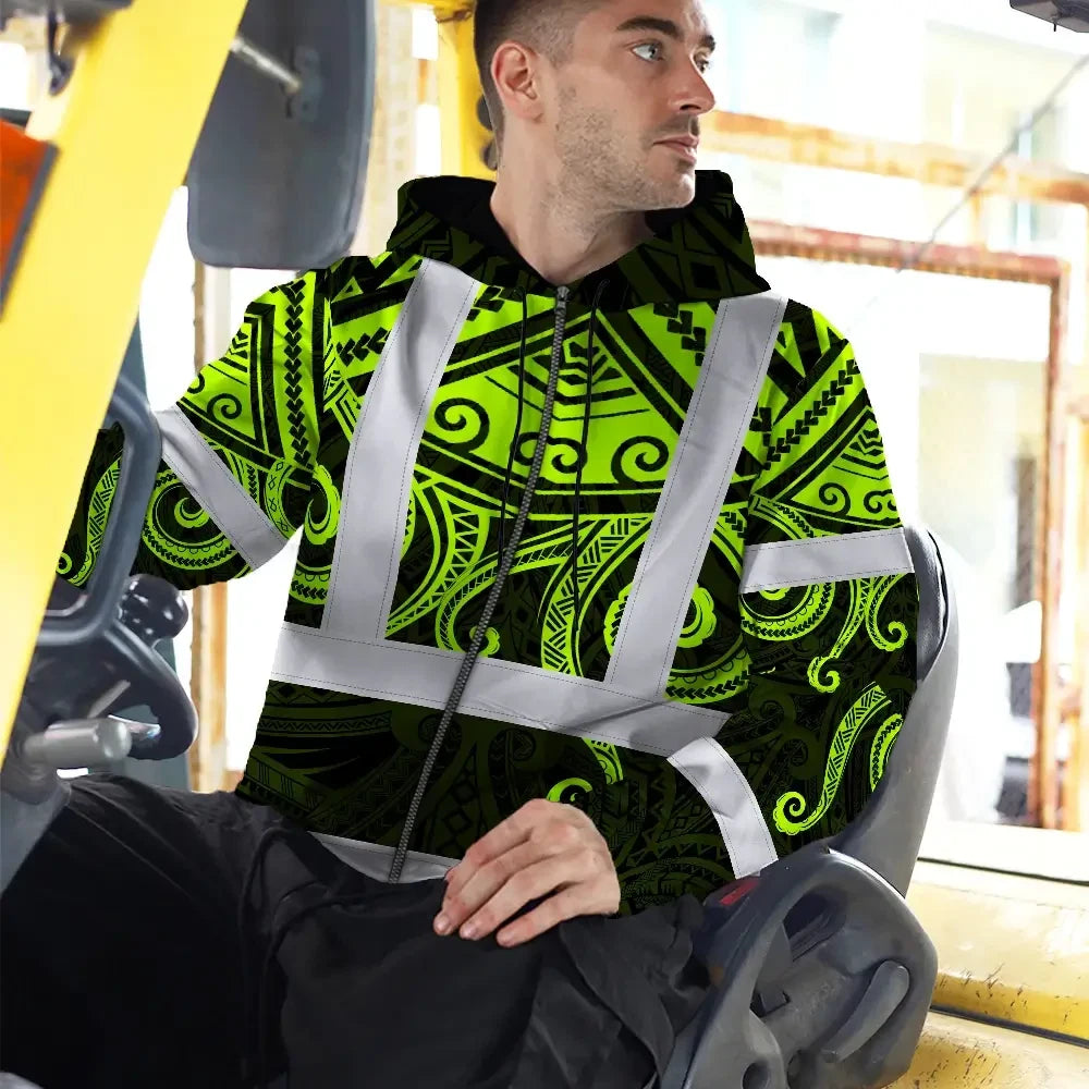 Hi Vis Zip Hoodie Shirt Reflective Tapes  Octopus Hawaiian Polynesian Tribal Custom Name Safety Workwear For Workers, Truckers, Operators