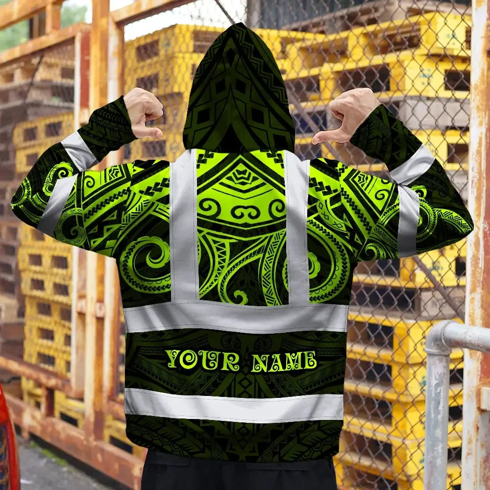 Hi Vis Zip Hoodie Shirt Reflective Tapes  Octopus Hawaiian Polynesian Tribal Custom Name Safety Workwear For Workers, Truckers, Operators