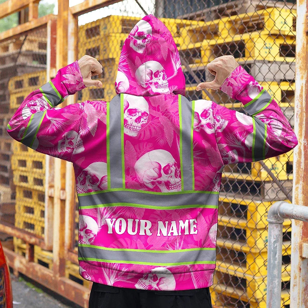 Hi Vis Zip Hoodie Shirt Reflective Tapes Pink Neon White Skull Custom Name Safety Workwear For Workers, Truckers, Operators