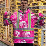 Hi Vis Zip Hoodie Shirt Reflective Tapes Pink Neon White Skull Custom Name Safety Workwear For Workers, Truckers, Operators