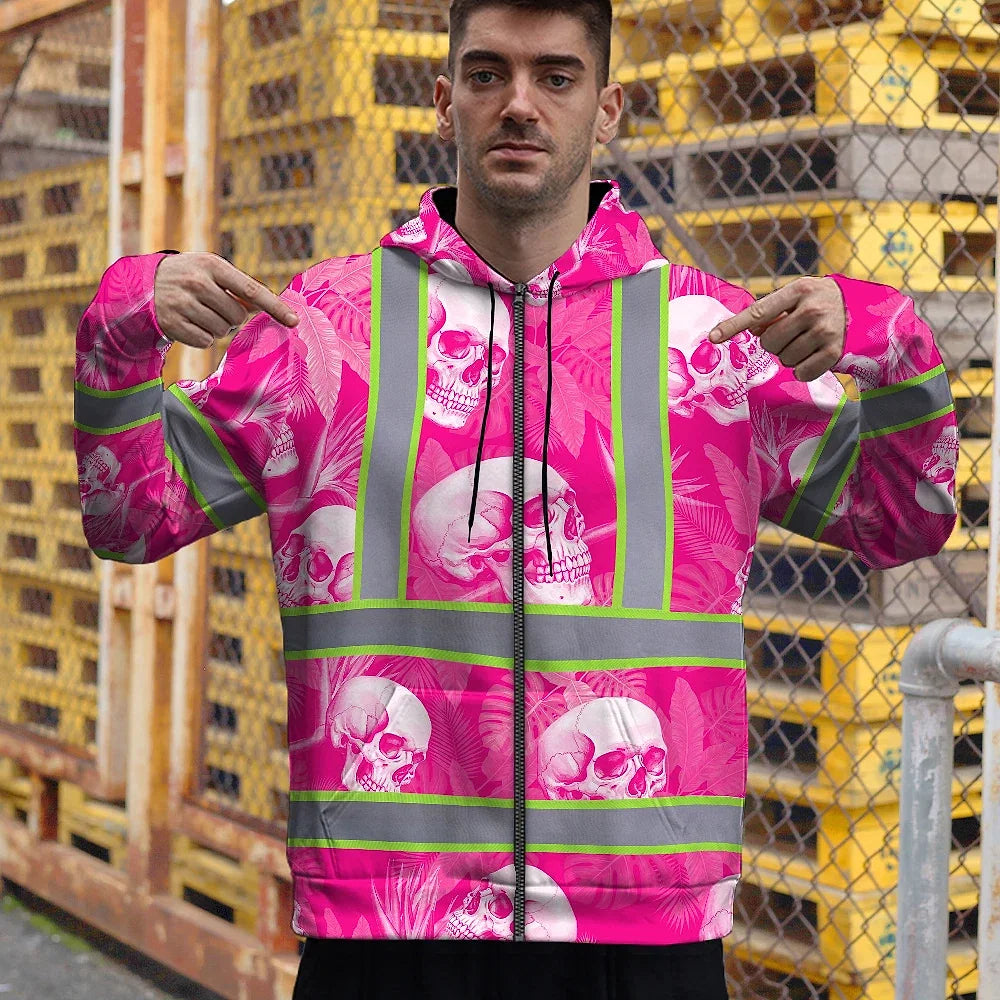 Hi Vis Zip Hoodie Shirt Reflective Tapes Pink Neon White Skull Custom Name Safety Workwear For Workers, Truckers, Operators