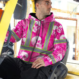 Hi Vis Zip Hoodie Shirt Reflective Tapes Pink Neon White Skull Custom Name Safety Workwear For Workers, Truckers, Operators