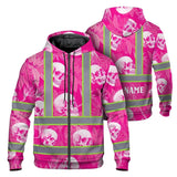 Hi Vis Zip Hoodie Shirt Reflective Tapes Pink Neon White Skull Custom Name Safety Workwear For Workers, Truckers, Operators