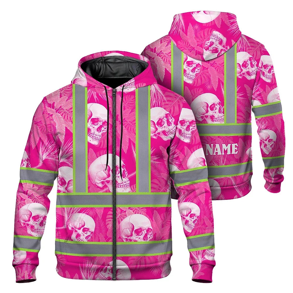 Hi Vis Zip Hoodie Shirt Reflective Tapes Pink Neon White Skull Custom Name Safety Workwear For Workers, Truckers, Operators