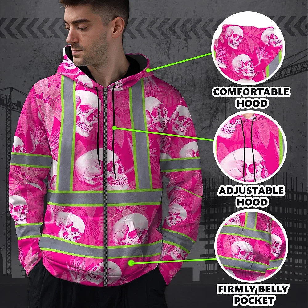 Hi Vis Zip Hoodie Shirt Reflective Tapes Pink Neon White Skull Custom Name Safety Workwear For Workers, Truckers, Operators